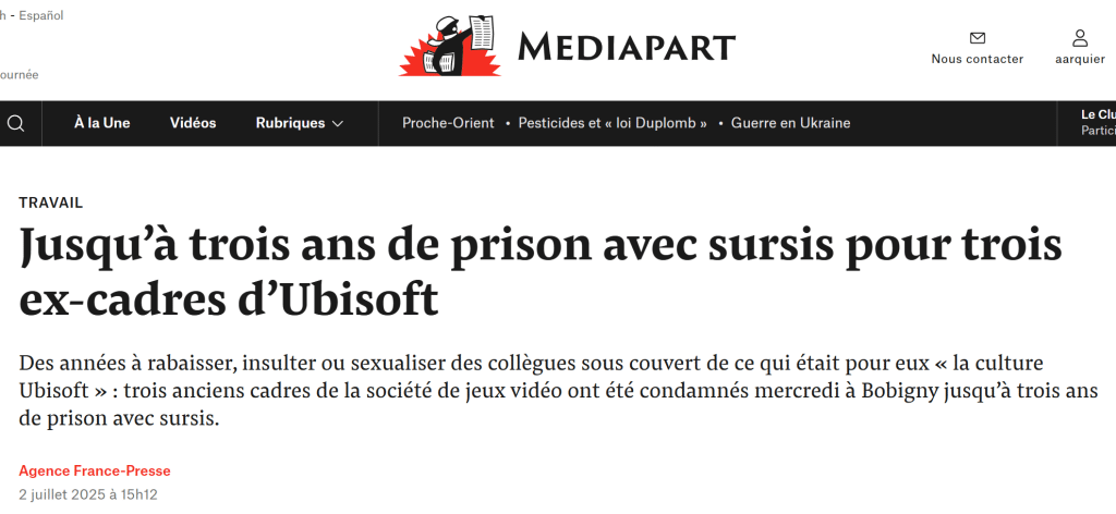 Bandeau article Médiapart sur l'affaire Ubisoft : un cas pratique de sexisme au travail